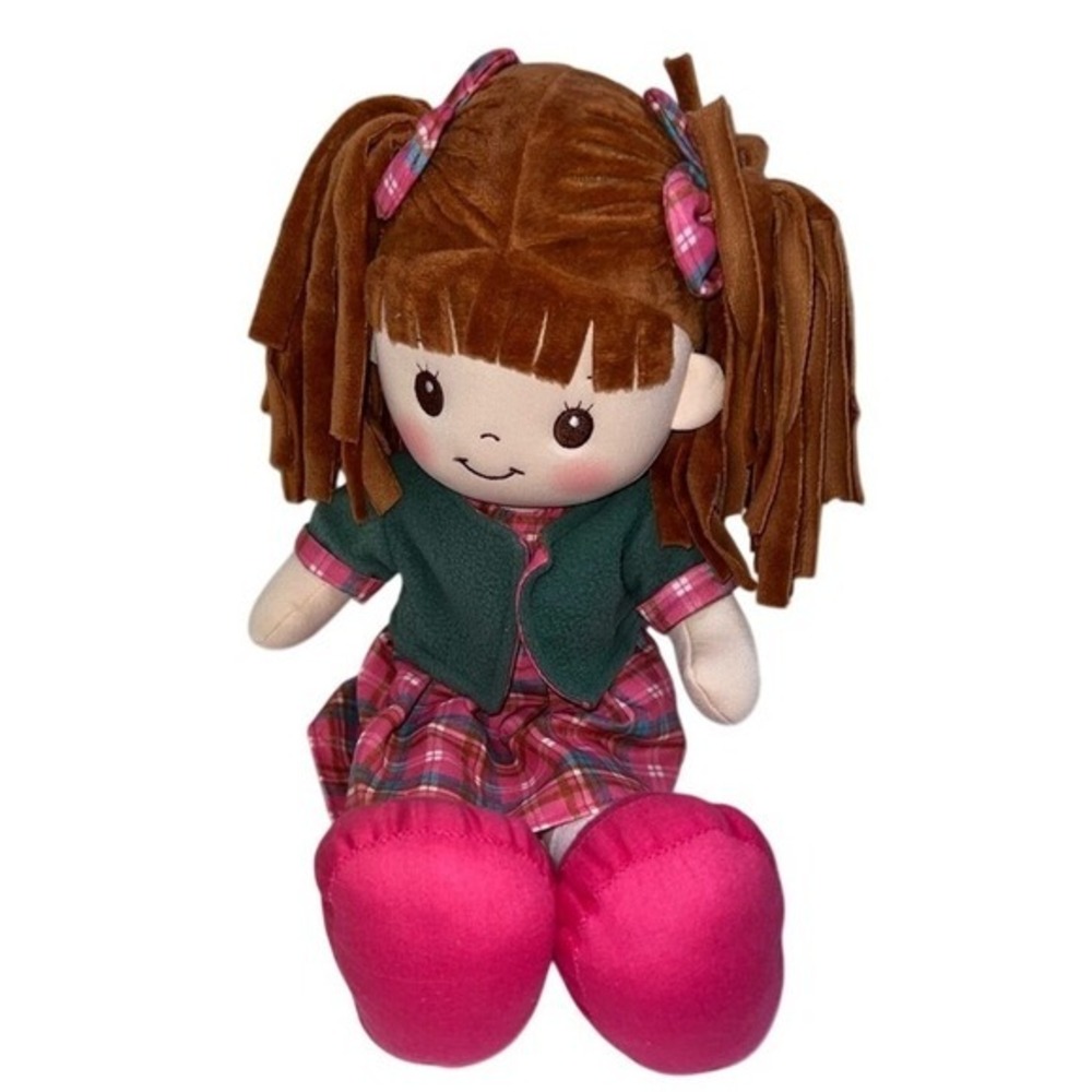Linzy Plush Rag Doll Brown Hair Plaid Dress Green Jacket‎ Toddler Toy 17"